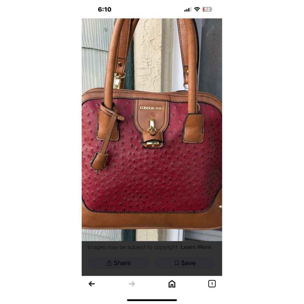 London Fog Women's Shoulder Bag W/ Faux Ostrich Pattern Red And Brown 12 X 9